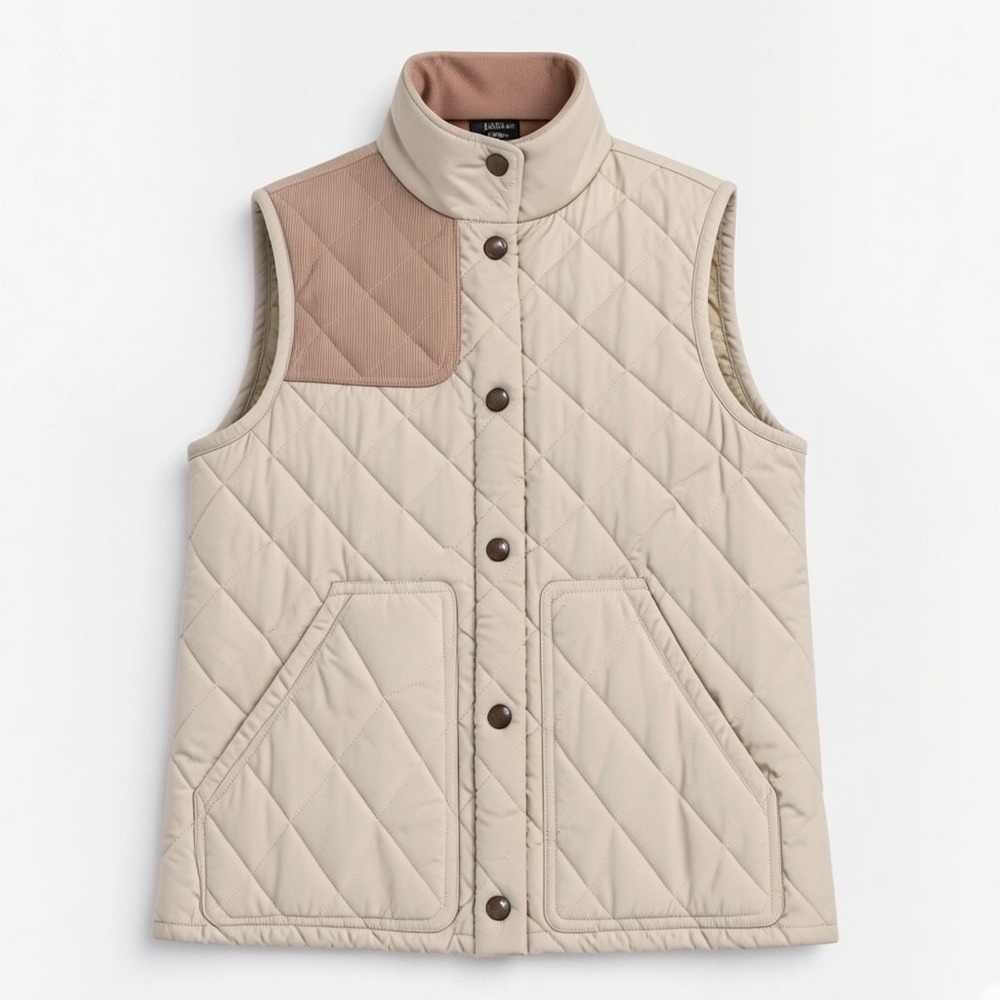 Lauren Ralph Lauren Cream Quilted Vest Corduroy Trim Snap Front Size L
